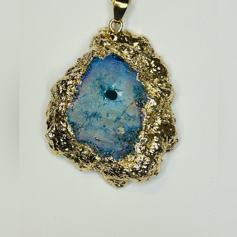 Blue Natural Agate Quarts Golden Necklace - Picture 4 of 5